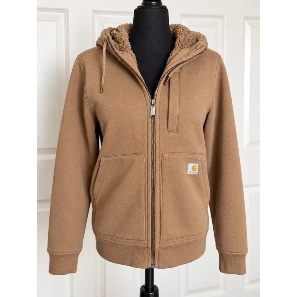 Carhartt Women’s Relaxed Fit Sherpa Full Zip Hoodie Flaxseed Tan Brown S 106026